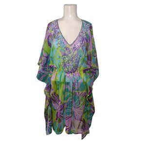 Kohinoor Embellished Kimono Swim Cover Up One Size Sheer Beach Tropical Flowy